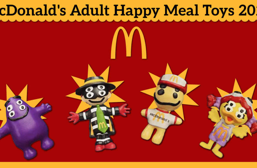 Promotional image showcasing four classic McDonald's characters reimagined as toys for the 2025 Adult Happy Meal. From left to right: Grimace (purple), Hamburglar (black and white stripes), Birdie the Early Bird (yellow), and Cactus Buddy (yellow/tan). The McDonald's golden arches logo is centered above the characters.