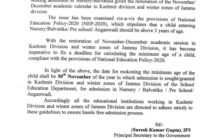 J&K Govt notifies minimum age for nursery admissions