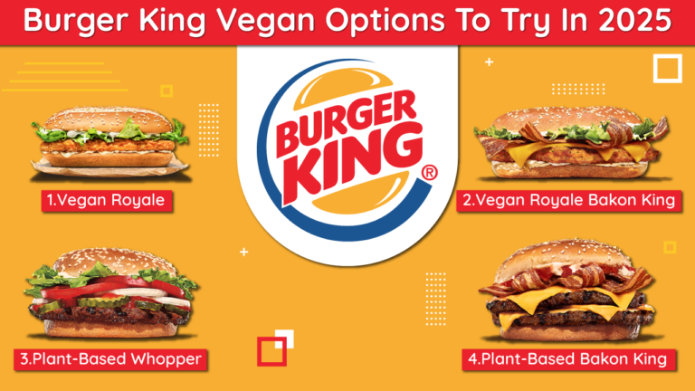 An image showcasing four different Burger King vegan burger options available at Burger King in 2025. From left to right: 1. Vegan Royale, 2. Vegan Royale Bakon King, 3. Plant-Based Whopper, 4. Plant-Based Bakon King. Each burger is pictured on a sesame seed bun with various toppings like lettuce, tomato, and vegan cheese. The Bakon King variations feature strips of plant-based bacon.