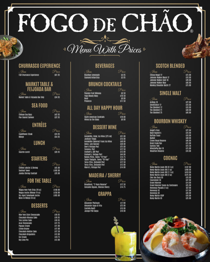 The Fogo de Chão menu with prices. The menu includes sections for Churrasco Experience, Market Table & Feijoada Bar, Seafood, Entrées, Lunch, Starters, For the Table, Desserts, Beverages, and Spirits. Each section lists various food and drink items with their corresponding prices.