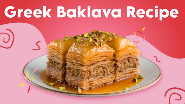 Three triangular pieces of Greek baklava stacked on a white plate. The baklava has visible layers of flaky filo dough and a filling of chopped nuts. It is drizzled with a golden syrup and garnished with chopped green pistachios. The background is a bright pink with white swirls and colorful sprinkles.