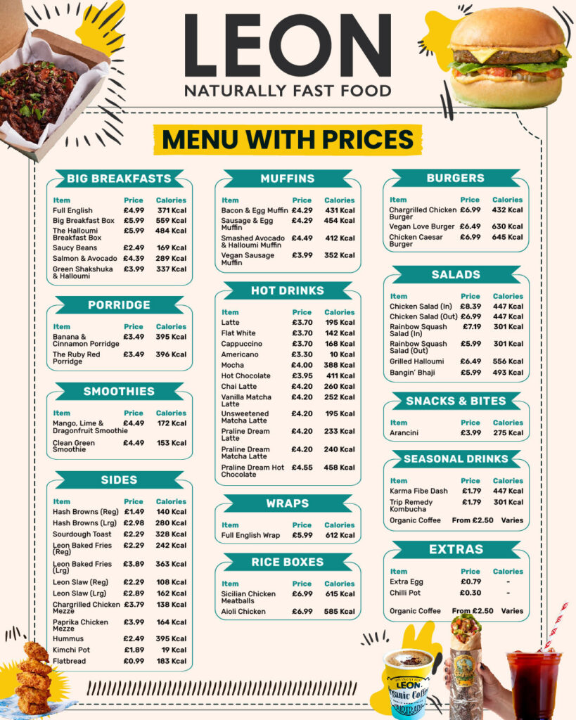 Leon restaurant menu board with prices and calorie counts for breakfast items, muffins, burgers, salads, hot drinks, smoothies, sides, wraps, rice boxes, snacks, seasonal drinks, and extras