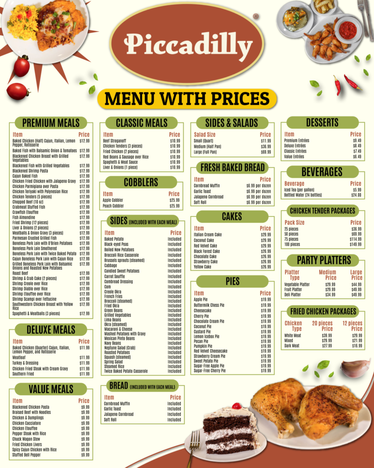 Piccadilly Menu with Prices for Premium, Classic, and Value Meals, Sides, Salads, Desserts, and Beverages.