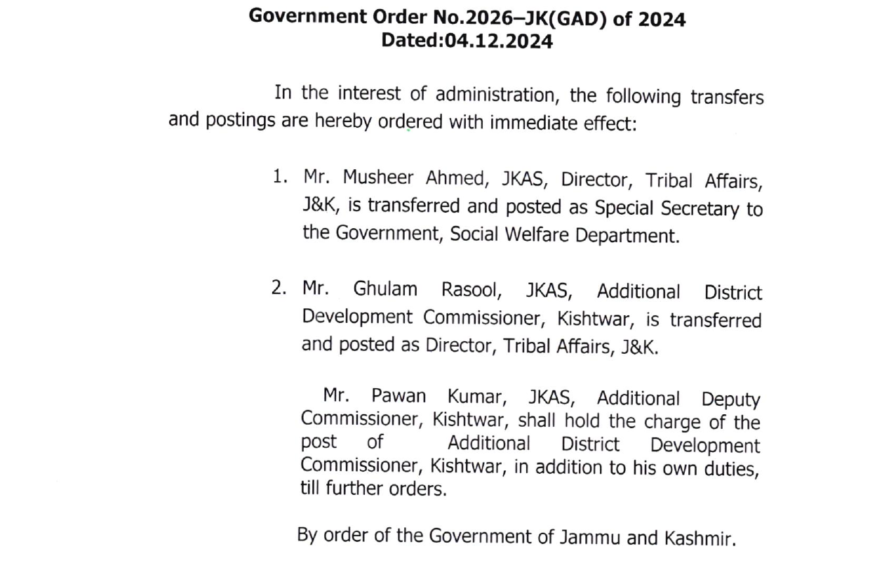 J&K Govt orders transfers and postings JKAS Officers