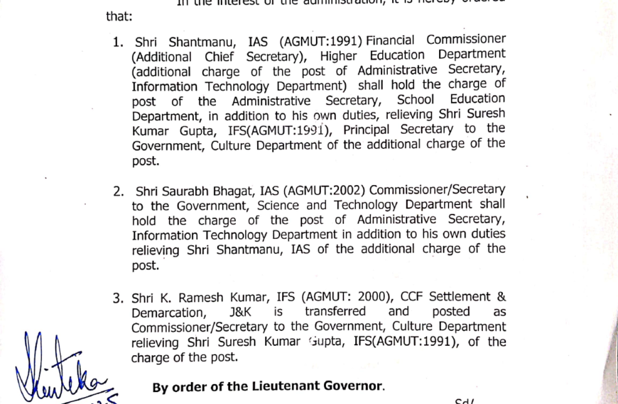 J&K Govt orders transfers, postings of 3 officers