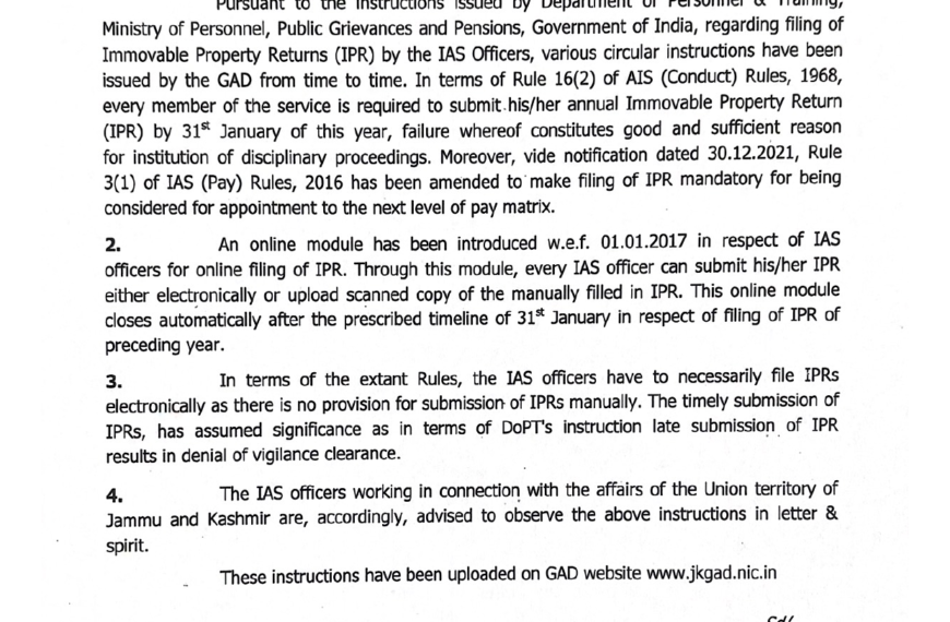 J&K Govt asks IAS officers to follow instructions about online filing of IPRs