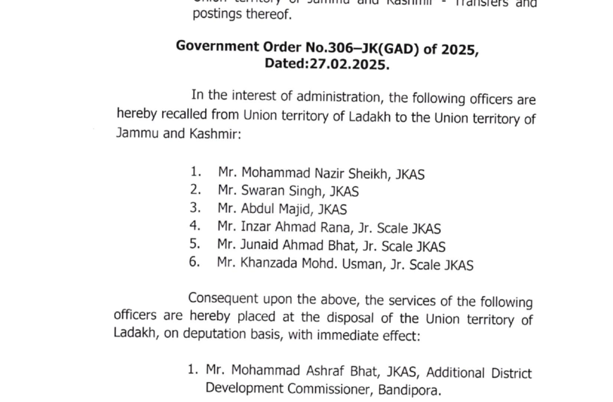 J&K Govt transfers 8 JKAS officers to Ladakh, recalls 6