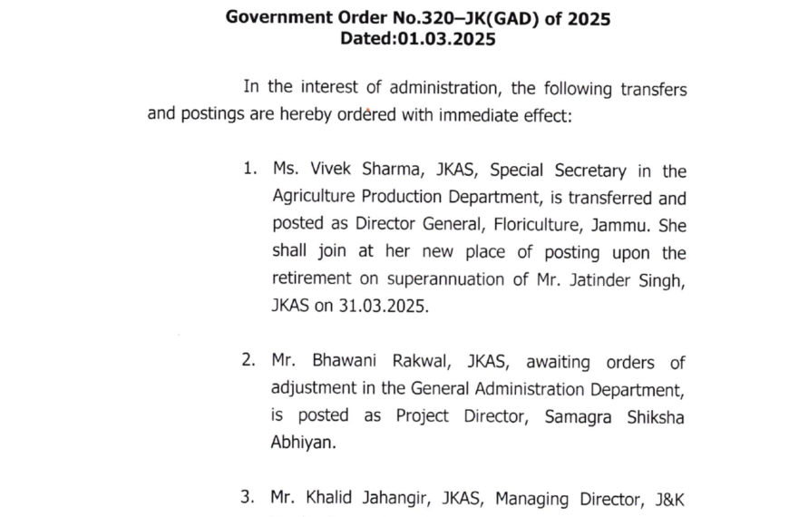 34 JKAS Officers transferred and posted by J&K Admin