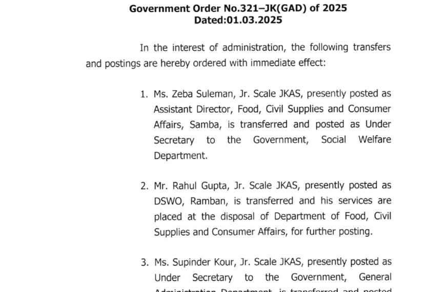 J&K Admin transfers and posts 7 officers, including 6 Junior Scale JKAS Officers